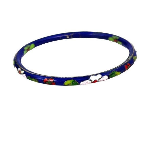 Chinese Export Vintage Cloisonné Floral Blue Enamel Bangle Bracelet - Picture 2 of 6